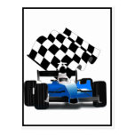 Blue Race Car with Checkered Flag Post Card