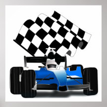 Blue Race Car with Checkered Flag Posters
