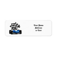 Blue Race Car with Checkered Flag Return Address Label