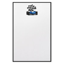 Blue Race Car with Checkered Flag Custom Stationery