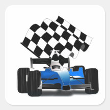Blue Race Car with Checkered Flag Sticker