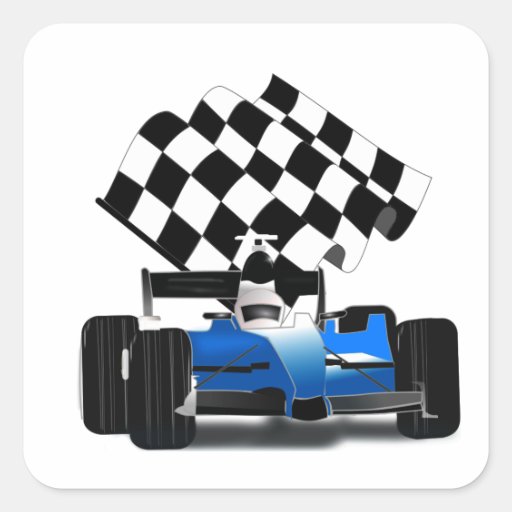 Blue Race Car with Checkered Flag Sticker