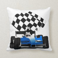 Blue Race Car with Checkered Flag Throw Pillows