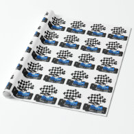 Blue Race Car with Checkered Flag Wrapping Paper