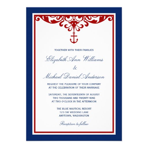 Blue Red Anchor Flourish Nautical Wedding Custom Announcements