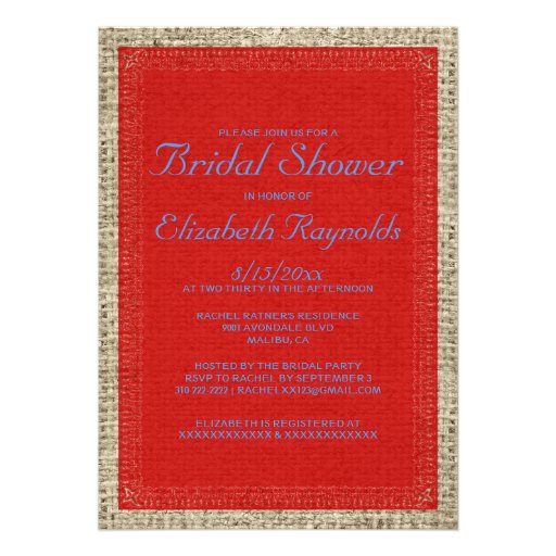 Blue & Red Burlap Bridal Shower Invitations