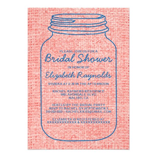 Blue Red Burlap Mason Jar Bridal Shower Invitation