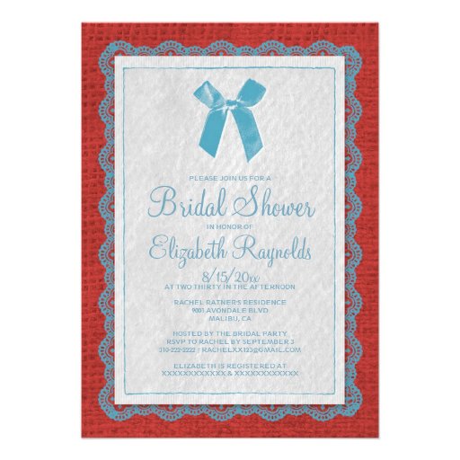 Blue Red Country Burlap Bridal Shower Invitations