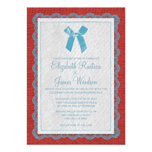 Blue & Red Country Burlap Wedding Invitations