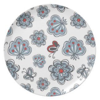 blue &amp; red flowers &amp; butterflies on white plate