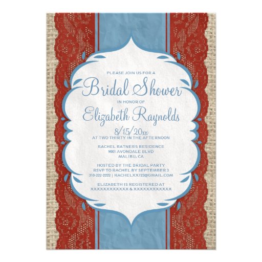 Blue Red Linen Burlap Lace Bridal Shower Invites