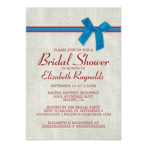 Blue & Red Rustic Burlap Bridal Shower Invitations