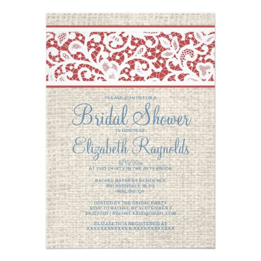 Blue Red Rustic Burlap Linen Bridal Shower Invites