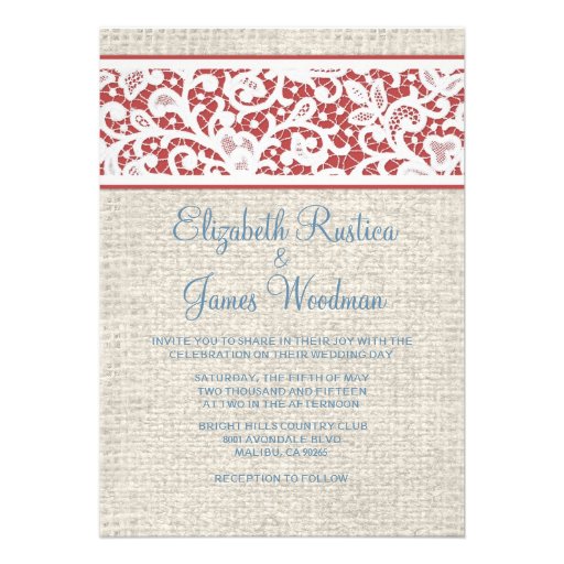 Blue & Red Rustic Burlap Linen Wedding Invitations
