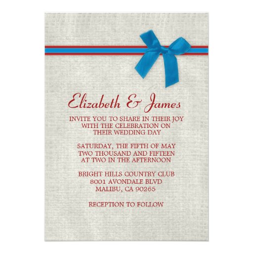 Blue & Red Rustic Burlap Wedding Invitations