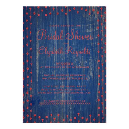 Blue Red Rustic Country Bridal Shower Invitations