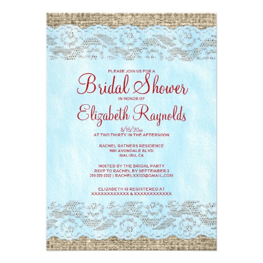 Blue & Red Rustic Lace Bridal Shower Invitations