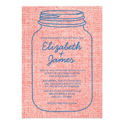 Blue & Red Rustic Mason Jar Wedding Invitations