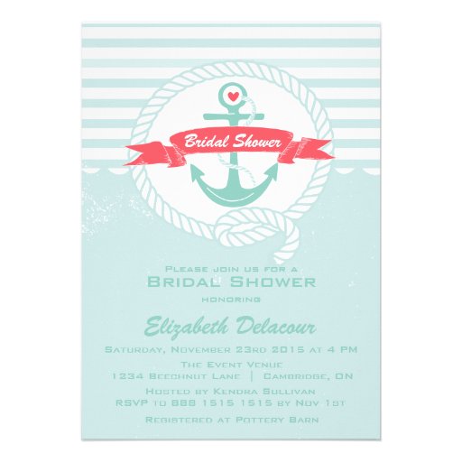 Blue Red Rustic Nautical Bridal Shower Invitation