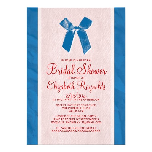 Blue Red Vintage Bow Linen Bridal Shower Invites