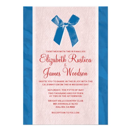 Blue & Red Vintage Bow & Linen Wedding Invitations
