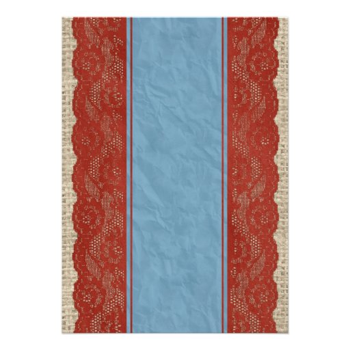 Blue Red Vintage Linen Burlap Wedding Invitations