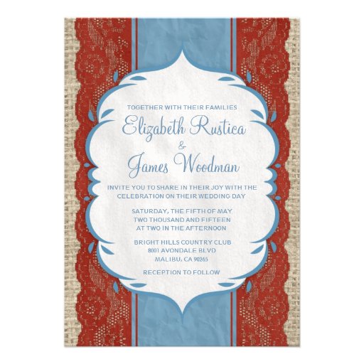Blue Red Vintage Linen Burlap Wedding Invitations
