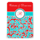 Blue Red White Damask Monogram Wedding Invitation