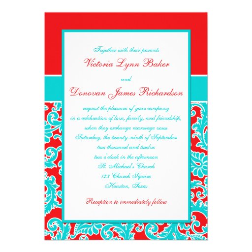 Blue Red White Damask Monogram Wedding Invitation