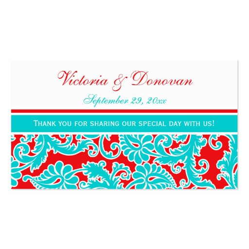 Blue Red White Damask Wedding Favor Tag Business Card Template (front side)