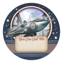 Blue Retro Rocket Name Tag Stickers