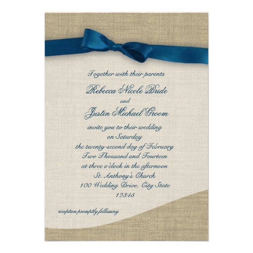 Blue Ribbon and Burlap Wedding Custom Invitation