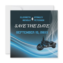 Blue road biker wedding Save the Date announcement