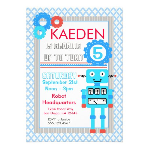 Blue Robot Birthday Invitation Modern Boys