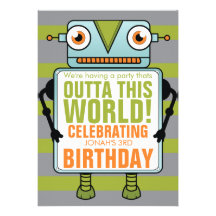 Blue Robot Childs Birthday Party Invitation