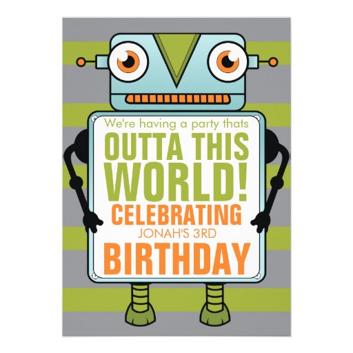 Blue Robot Childs Birthday Party Invitation