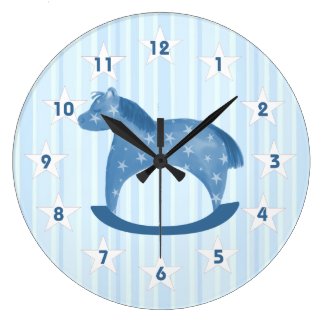 Blue Rocking Horse and Stars Boy's Nursery Clock