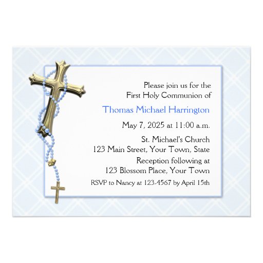Blue Rosary Beads, Cross, Religious Invitations
