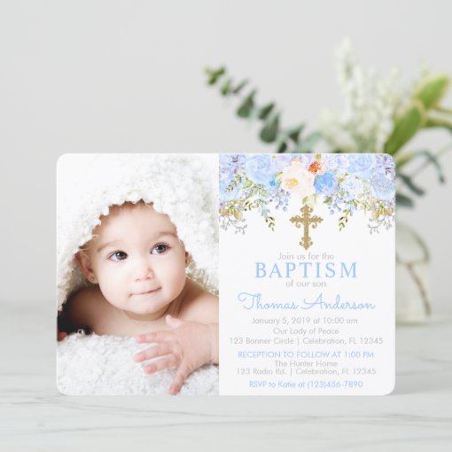 Blue Rose Garden Baptism Photo Invitation Zazzle