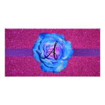 Blue rose monogram pink glitter photo card