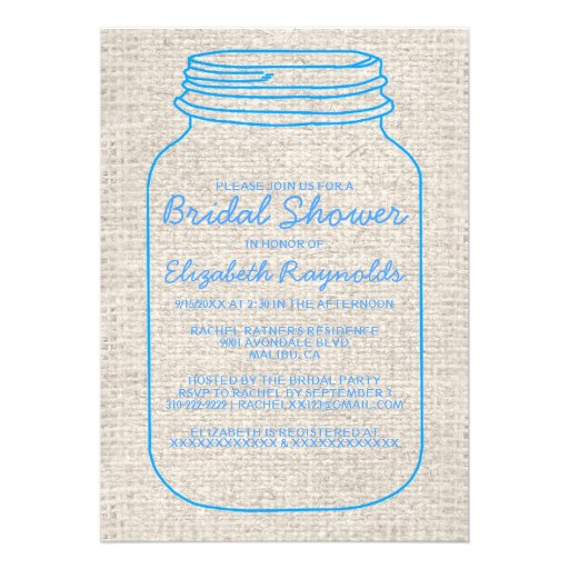 Blue Rustic Burlap Mason Jar Bridal Shower Invites