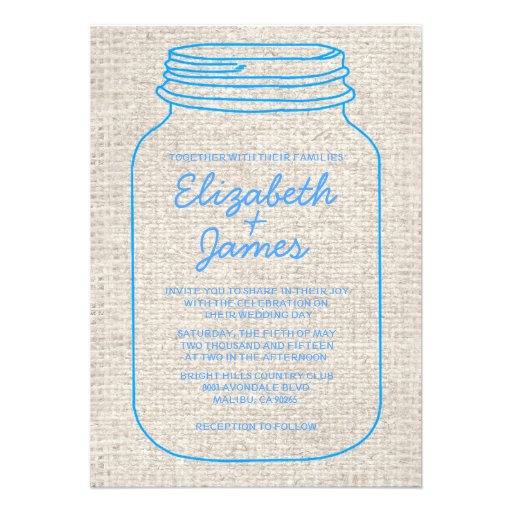 Blue Rustic Burlap Mason Jar Wedding Invitations