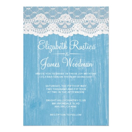 Blue Rustic Lace & Barn Wood Wedding Invitations