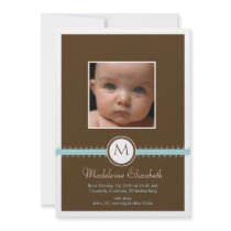 Blue Satin Ribbon with Monogram Birth Announcement invitations