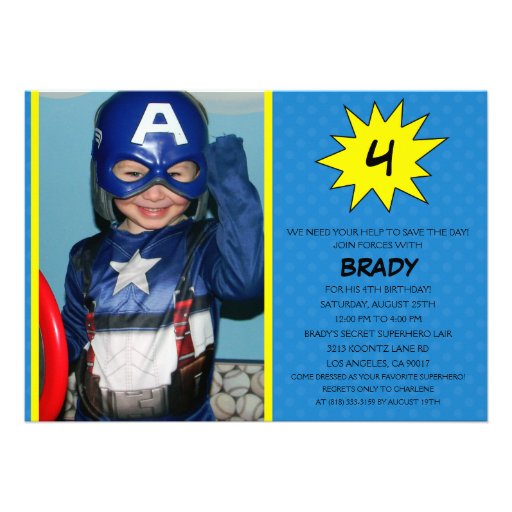 Blue Save the Day Superhero Photo Birthday Party Announcement