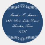 Blue script elegant scroll holiday address label sticker