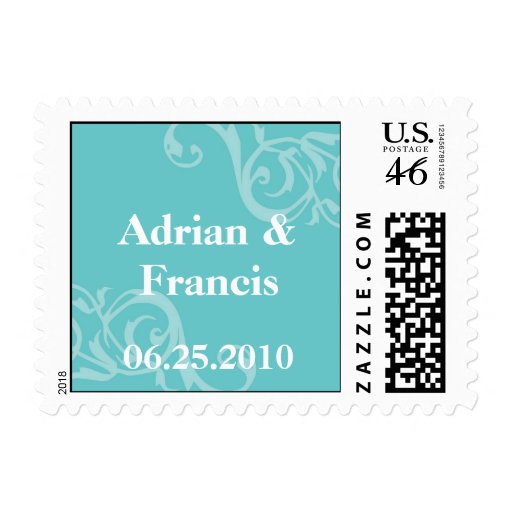 Blue scroll save the date wedding postage stamps