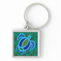 Blue Sea Turtle Square Keychain