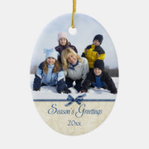 Blue season's greetings christmas photo ornament