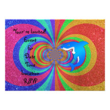 Blue shark psychedelic rainbow glitter custom invitation